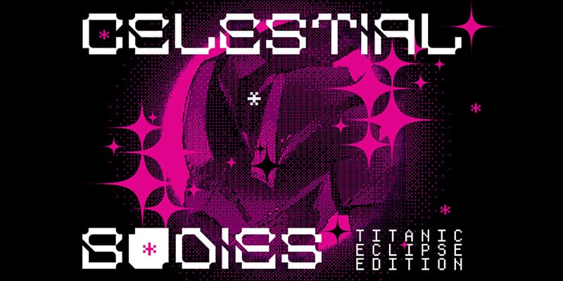 Cover art for celestial bodies: a collection of magenta stars among black nothingness.